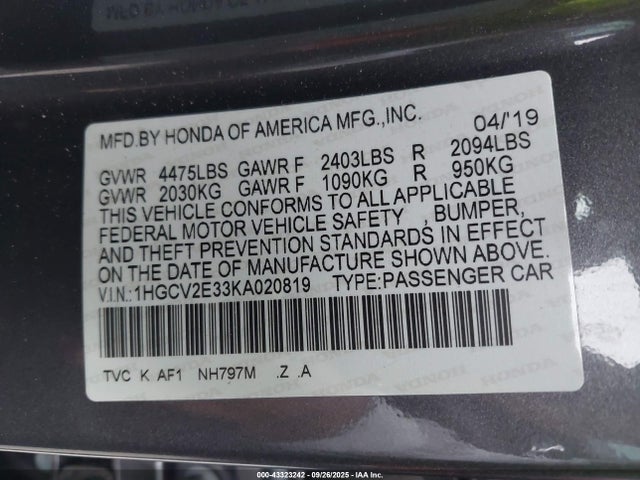 Honda k20c4 2019 1HGCV2E33KA020819 Image 9
