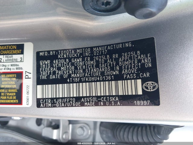 Toyota 2ar-fe 2017 4T1BF1FK0HU401361 Image 9