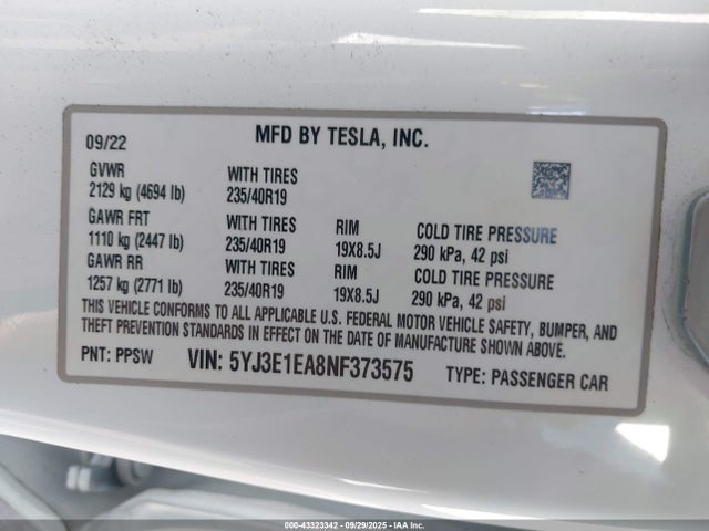 Tesla 2022 2022 5YJ3E1EA8NF373575 Image 9