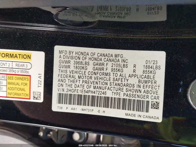Honda l15ca 2023 2HGFE1E54PH472246 Image 9