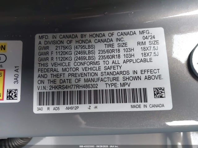 Продажа на аукционе авто 2024 Honda Cr-v Ex-l Awd, vin: 2HKRS4H77RH486302, номер лота: 43323353