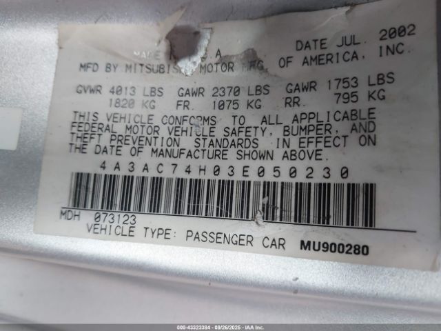 2003 MITSUBISHI ECLIPSE 4A3AC74H03E050230 Photo 8
