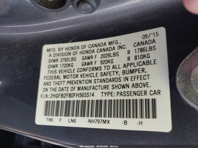 Honda r18z1 2015 2HGFB2F80FH565514 Image 9