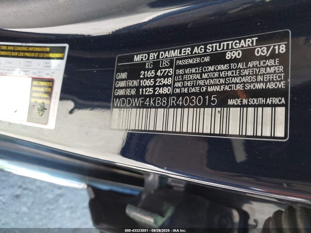 43323551 :رقم المزاد ، WDDWF4KB8JR403015 vin ، 2018 Mercedes-benz C 300 4matic مزاد بيع