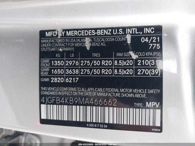 4JGFB4KB9MA466662 Mercedes-Benz m264