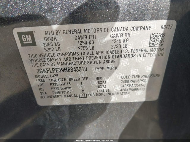 GMC lfx - sidi: spark ignited direct injection, vvt: variable valve timing, e85 max, alum 2017 2GKFLPE39H6343510 Image 9