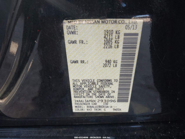 Продажа на аукционе авто 2013 Nissan Altima 2.5 Sv, vin: 1N4AL3AP6DC293096, номер лота: 43324086