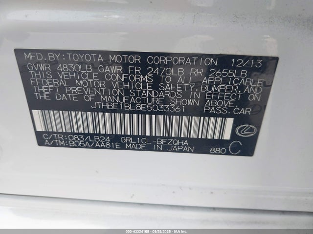 Lexus 2gr-fse 2014 JTHBE1BL8E5033361 Image 9