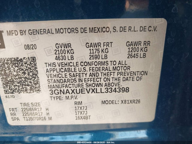 Aukcja sprzedaży 2020 Chevrolet Equinox Awd Lt 1.5l Turbo, vin: 3GNAXUEVXLL334398, numer aukcji: 43324458