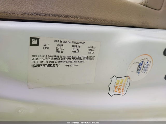 2006 Buick Lucerne Cxs მანქანა იყიდება აუქციონზე, vin: 1G4HE57Y96U222711, აუქციონის ნომერი: 43324489