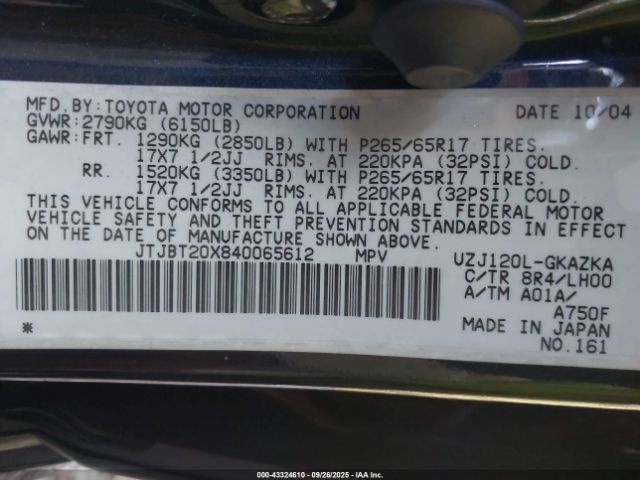 2004 LEXUS GX 470 JTJBT20X840065612 Photo 8