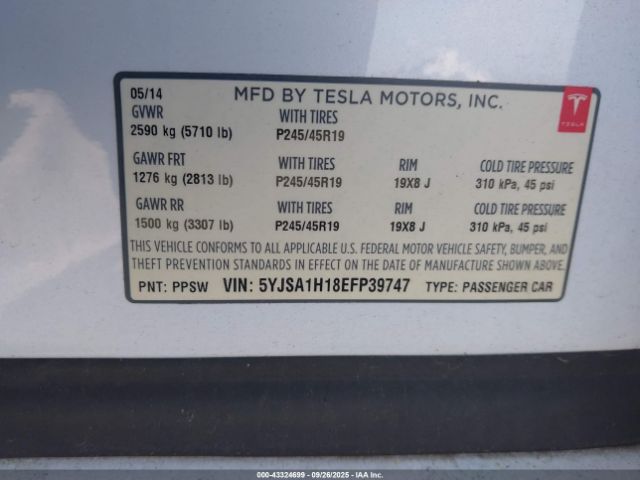 2014 TESLA MODEL S 5YJSA1H18EFP39747 Photo 8