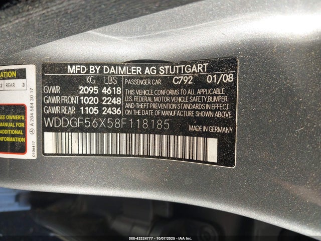 43324777 :رقم المزاد ، WDDGF56X58F118185 vin ، 2008 Mercedes-benz C 350 Sport مزاد بيع