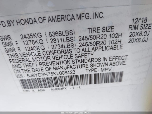 Acura j35y5 2019 5J8YD3H75KL006423 Image 9