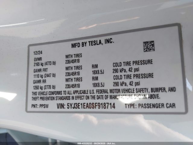 2025 TESLA MODEL 3 5YJ3E1EA0SF918714 Photo 8