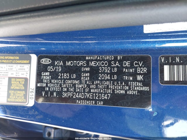3KPF24AD7KE121647 KIA mpi nu