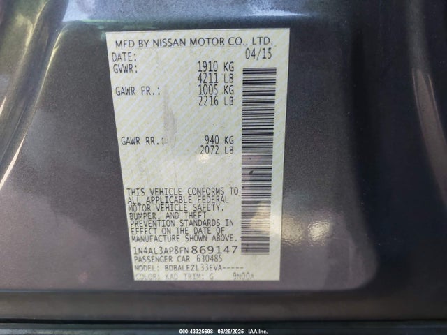 Nissan Altima 2015 1N4AL3AP8FN869147 Image 9
