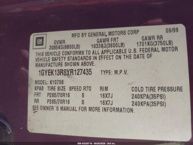 2000 CADILLAC ESCALADE 1GYEK13R8YR127435 Photo 8