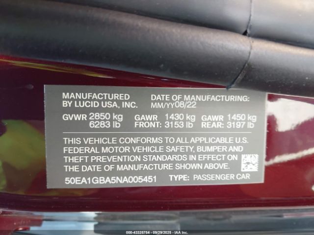 2022 LUCID AIR 50EA1GBA5NA005451 Photo 8