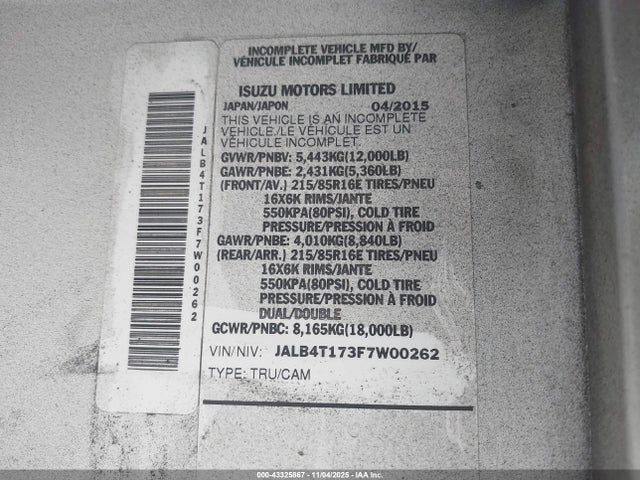 JALB4T173F7W00262 Isuzu 4jj1-tc