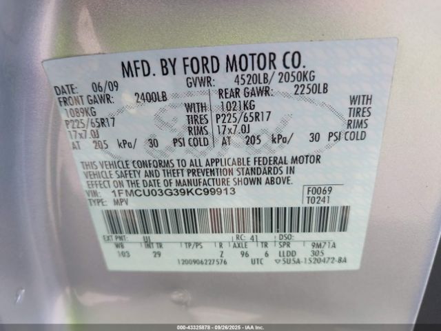 2009 FORD ESCAPE 1FMCU03G39KC99913 Photo 8