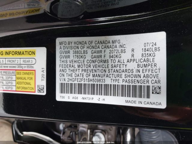 2025 HONDA CIVIC 2HGFE2F51SH509833 Photo 8