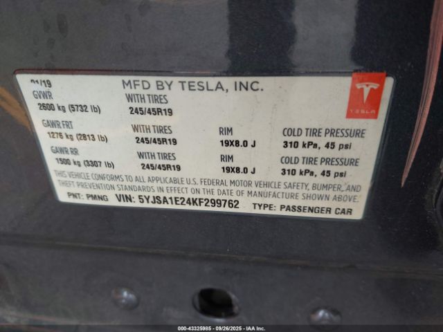 2019 TESLA MODEL S 5YJSA1E24KF299762 Photo 8