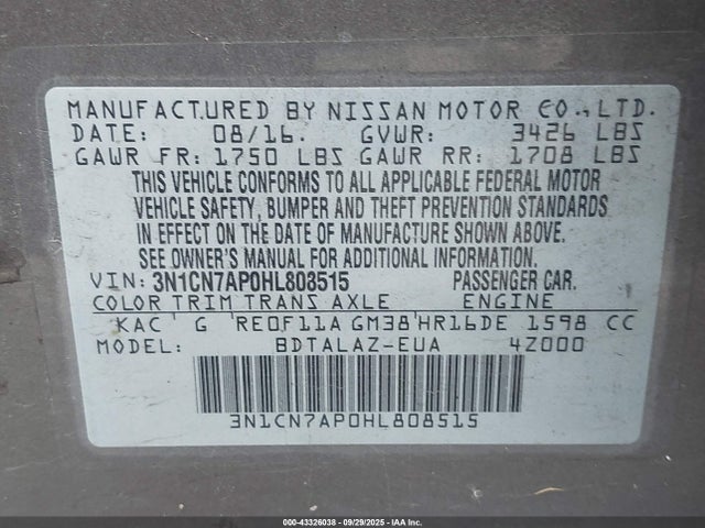3N1CN7AP0HL808515 Nissan Versa