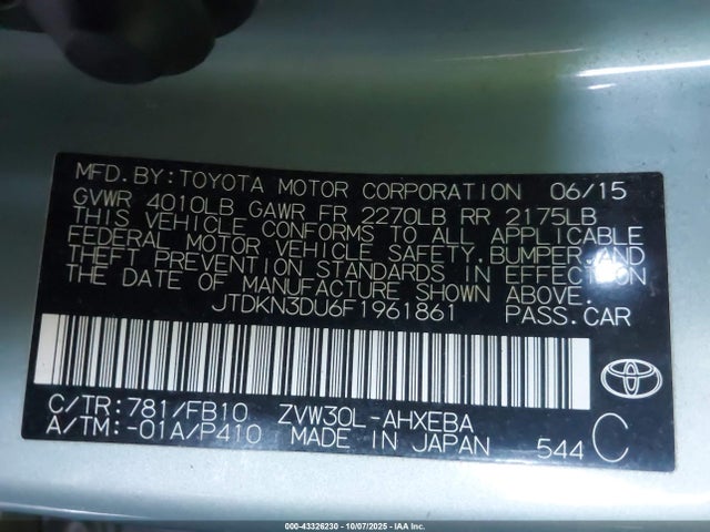 JTDKN3DU6F1961861 Toyota 2zr-fxe+3jm