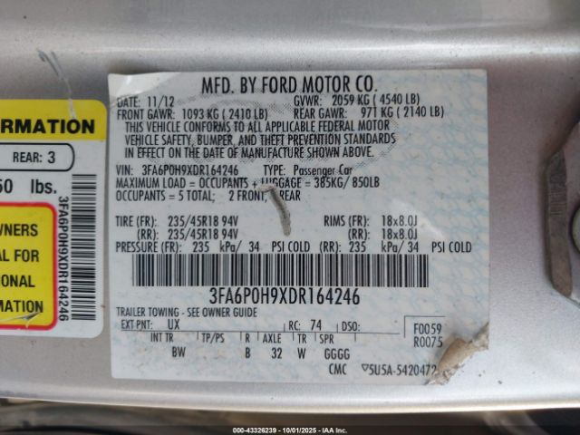 2013 FORD FUSION 3FA6P0H9XDR164246 Photo 8