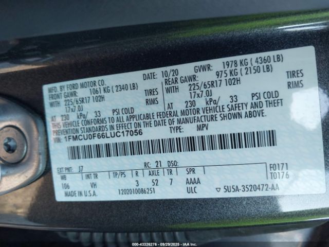 2020 FORD ESCAPE 1FMCU0F66LUC17056 Photo 8