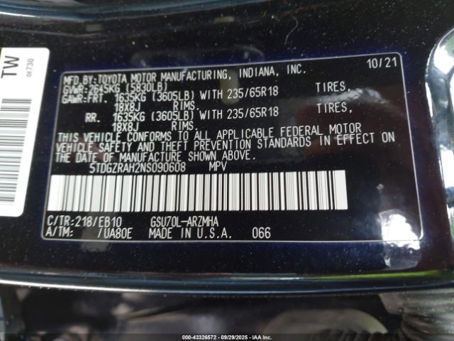 2022 TOYOTA HIGHLANDER 5TDGZRAH2NS090608 Photo 8