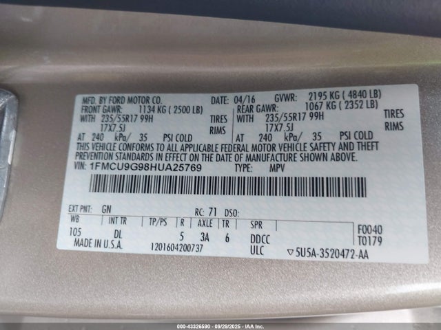1FMCU9G98HUA25769 Ford 2017