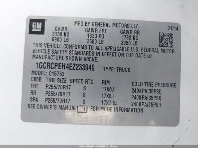 1GCRCPEH4EZ233940 Chevrolet lv3 - vvt, aluminum, e85 max