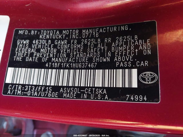 4T1BF1FK1HU637467 Toyota 2ar-fe