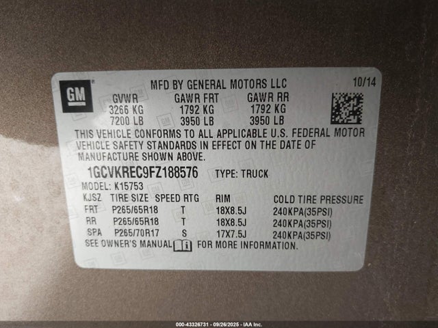 1GCVKREC9FZ188576 Chevrolet l83 - vvt, active fuel management, aluminum