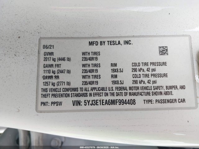 2021 TESLA MODEL 3 5YJ3E1EA6MF994408 Photo 8
