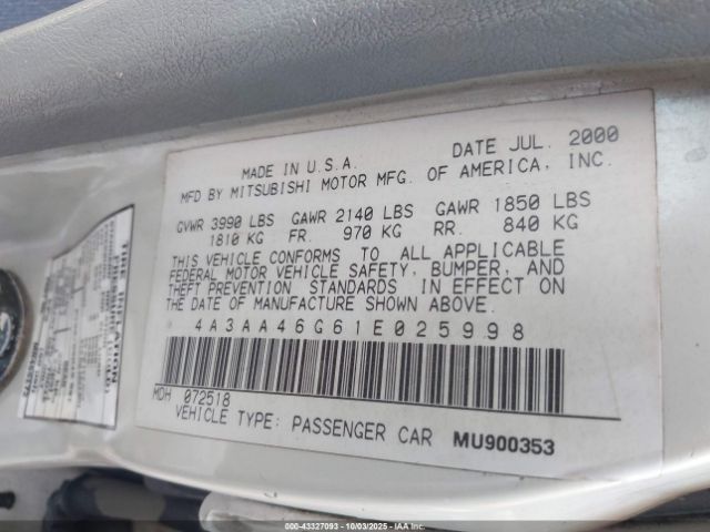 2001 MITSUBISHI GALANT 4A3AA46G61E025998 Photo 8