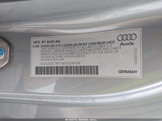 2008 AUDI A5 WAUDK78TX8A028698 Photo 8