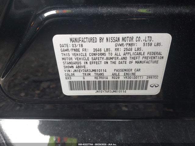 43327764 :رقم المزاد ، JN1EV7AR3JM610114 vin ، 2018 Infiniti Q50 3.0t Luxe مزاد بيع