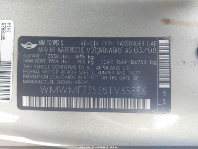 2008 MINI COOPER S WMWMF73538TV35556 Photo 8