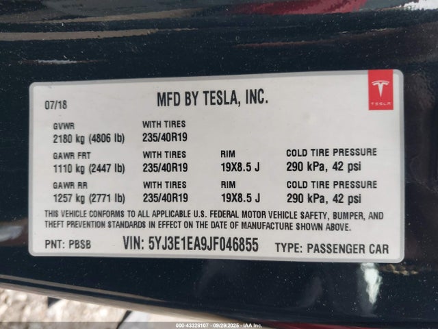 2018 TESLA MODEL 3 5YJ3E1EA9JF046855 Photo 8