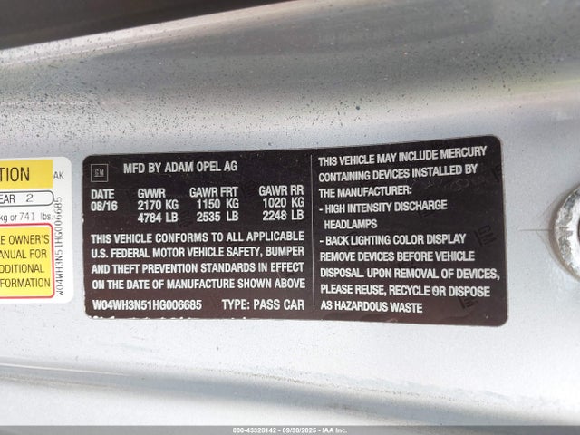 Продажа на аукционе авто 2017 Buick Cascada Premium, vin: W04WH3N51HG006685, номер лота: 43328142