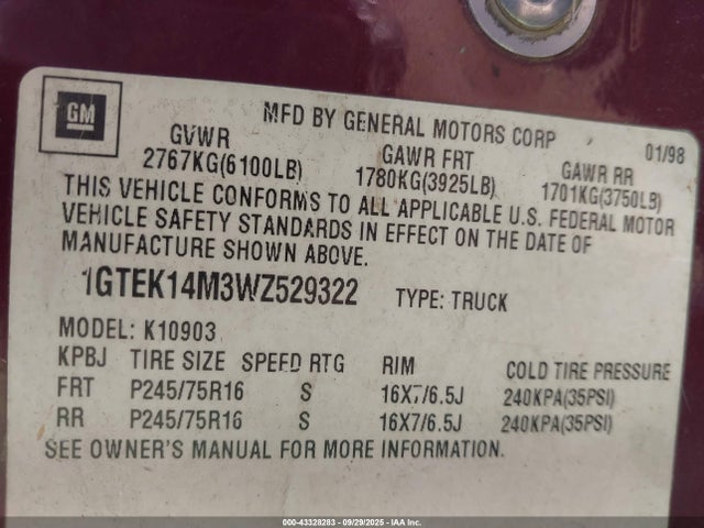 Продаж на аукціоні авто 1998 Gmc Sierra 1500 Sl Wideside, vin: 1GTEK14M3WZ529322, номер лоту: 43328283