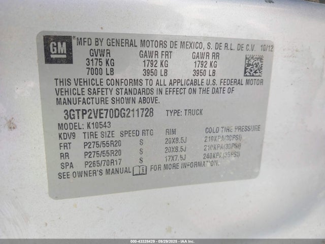 2013 Gmc Sierra 1500 Sle მანქანა იყიდება აუქციონზე, vin: 3GTP2VE70DG211728, აუქციონის ნომერი: 43328429