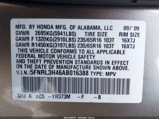 2010 HONDA ODYSSEY 5FNRL3H46AB016388 Photo 8