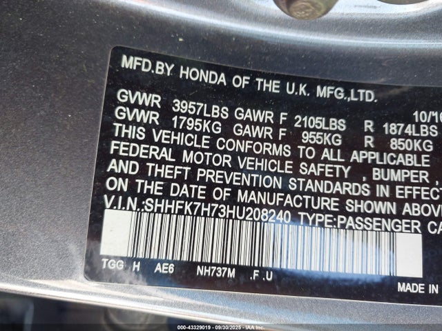 SHHFK7H73HU208240 Honda l15ba