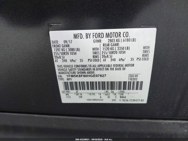 43329021 :رقم المزاد ، 1FM5K8F80HGE07827 vin ، 2017 Ford Explorer Limited مزاد بيع