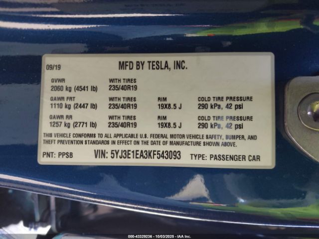 2019 TESLA MODEL 3 5YJ3E1EA3KF543093 Photo 8