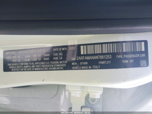 2022 ALFA ROMEO GIULIA ZARFAMAN4N7661253 Photo 8